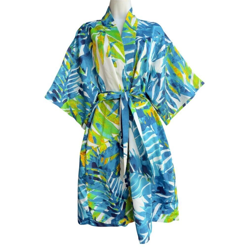 NATORI belted Kimono Robe Blue Floral Women's S Tropical 3/4 Sleeve Loungewear